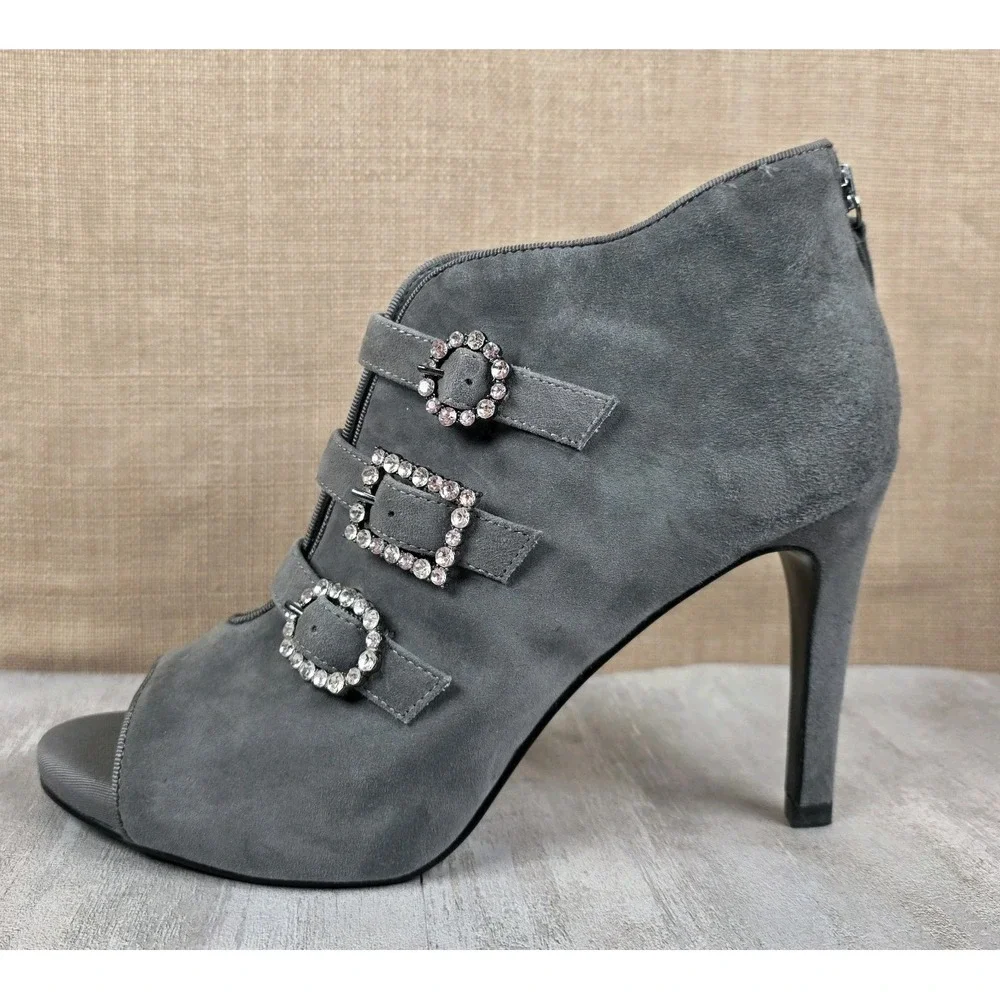 White House Black Market Marlee Open Toe Smoked Pearl Suede Buckle Booties Sz 9M
